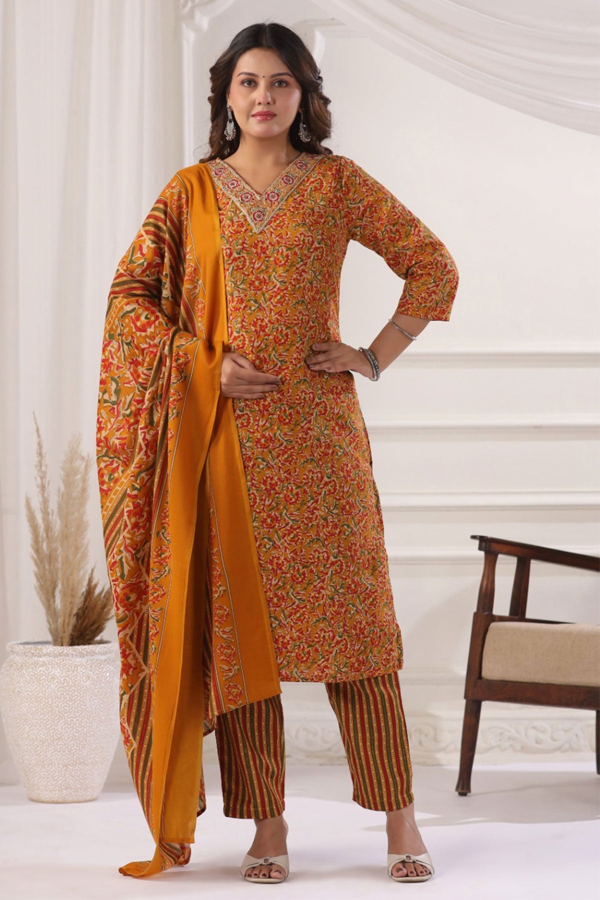 Mustard Cotton Ready-Made Suit with Elegant Neck Detailing