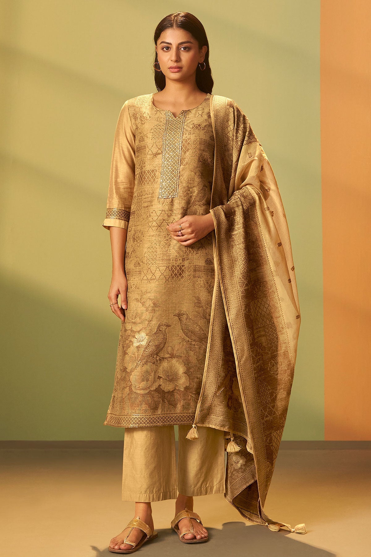 Mustard Cotton Ready Made Suit with Embroidered Neck