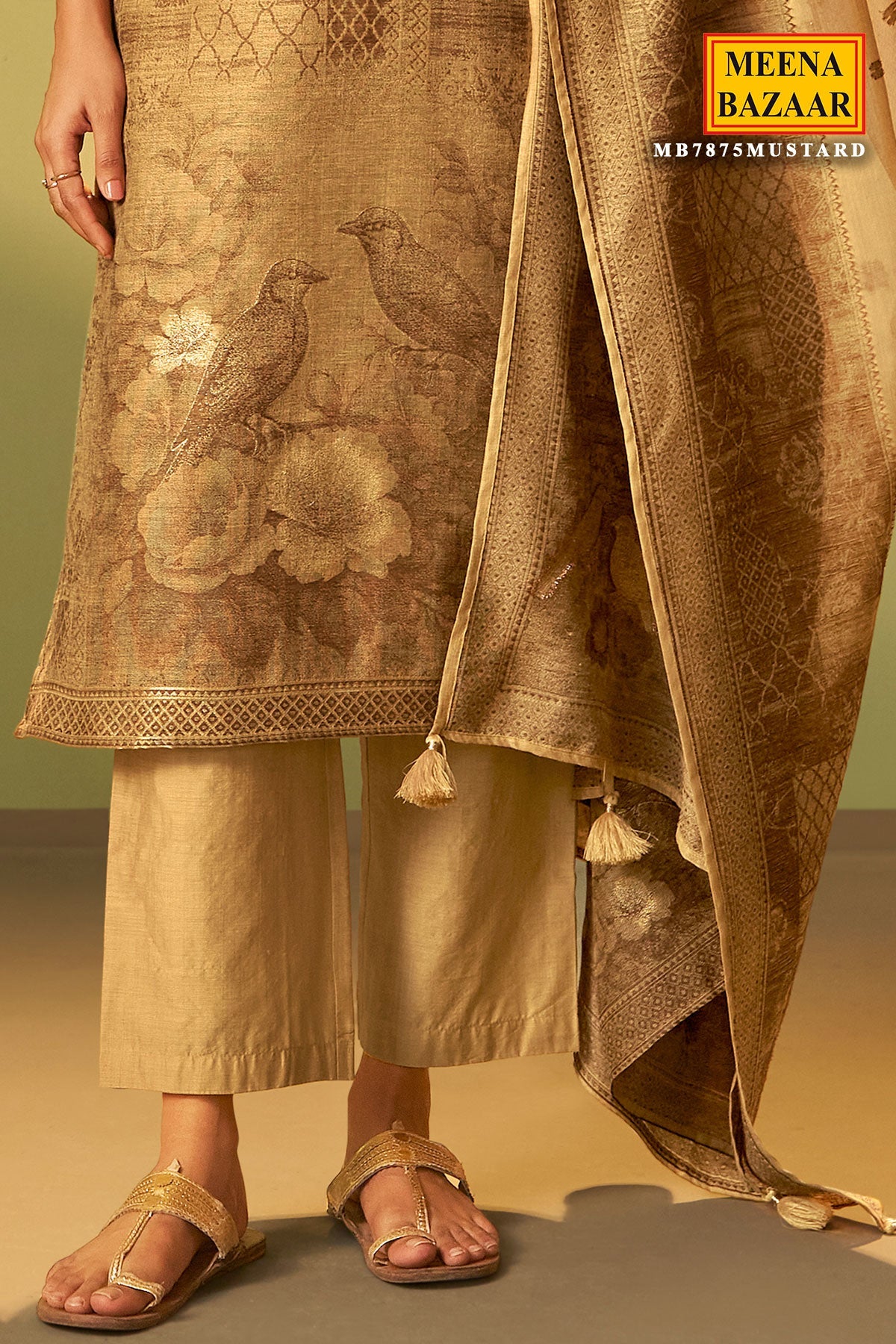 Mustard Cotton Ready Made Suit with Embroidered Neck