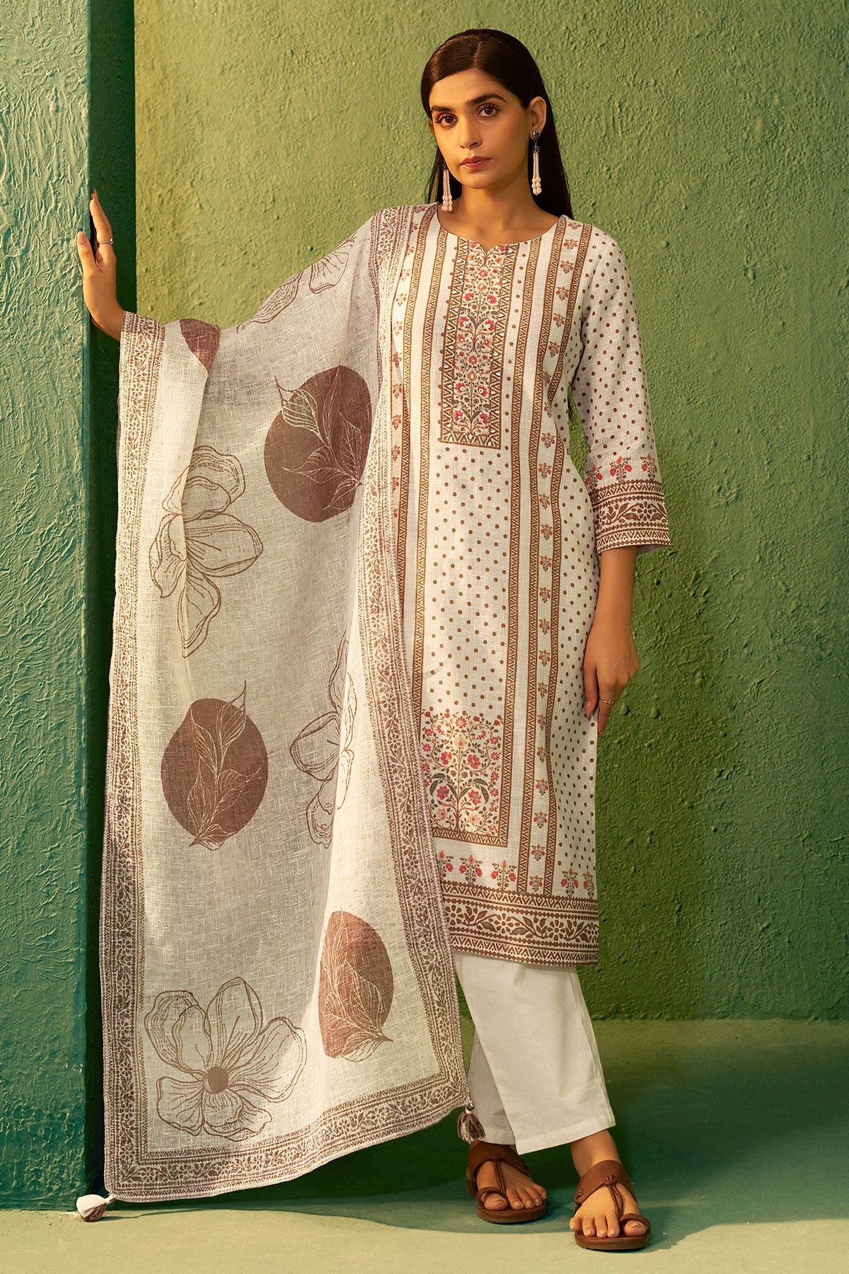 Peach Cotton Ready Made Suit with Neck Embroidery
