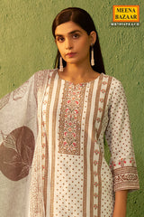 Peach Cotton Ready Made Suit with Neck Embroidery