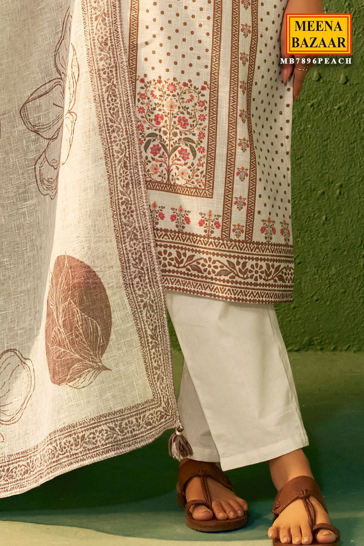 Peach Cotton Ready Made Suit with Neck Embroidery