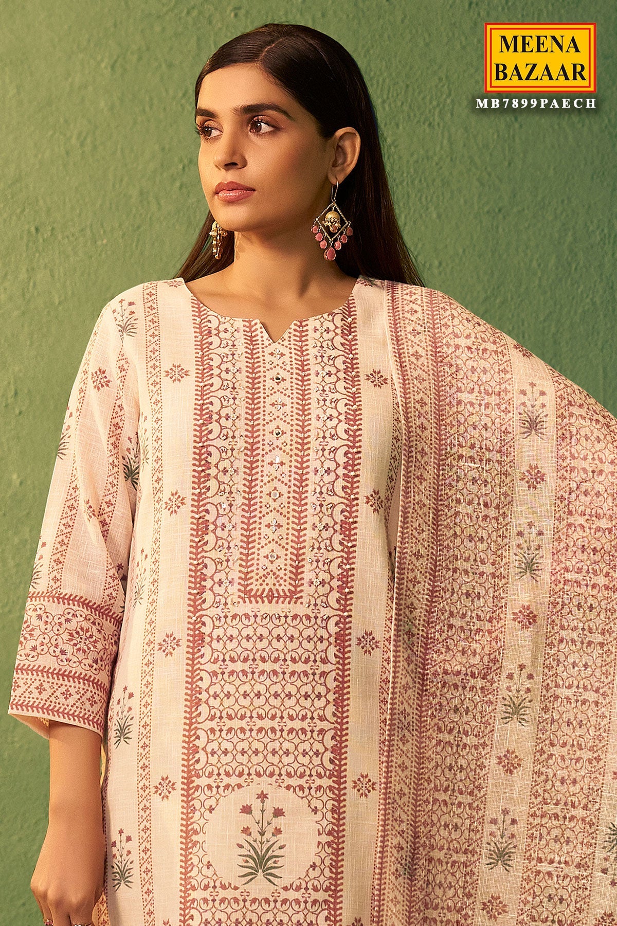 Peach Cotton Ready Made Suit with Neck Embroidery | Elegant Ethnic Wear
