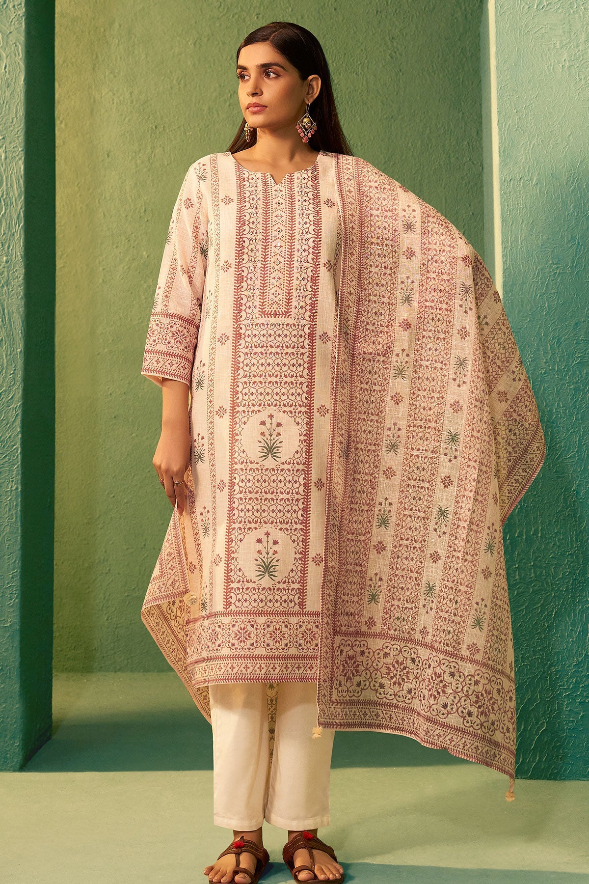 Peach Cotton Ready Made Suit with Neck Embroidery | Elegant Ethnic Wear