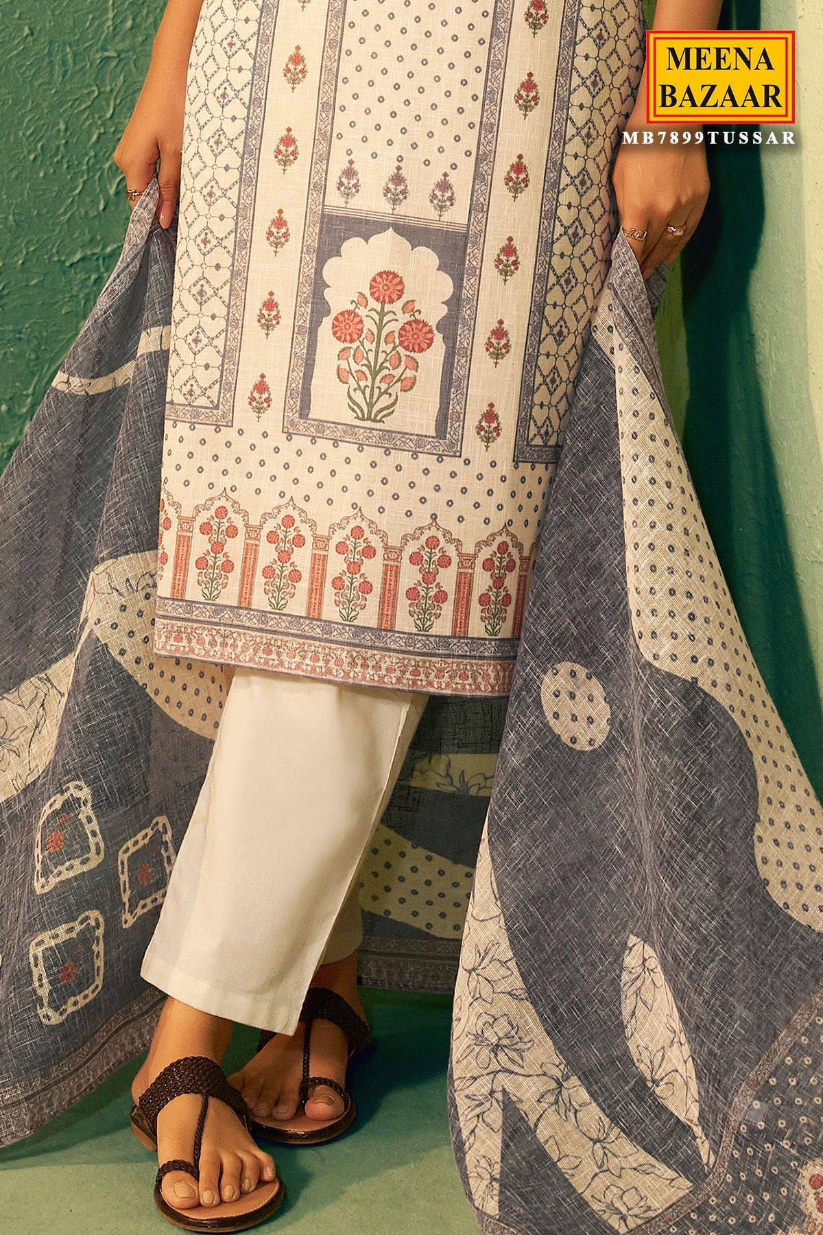 Tussar Cotton Ready Made Suit with Neck Embroidery | Elegant Ethnic Wear