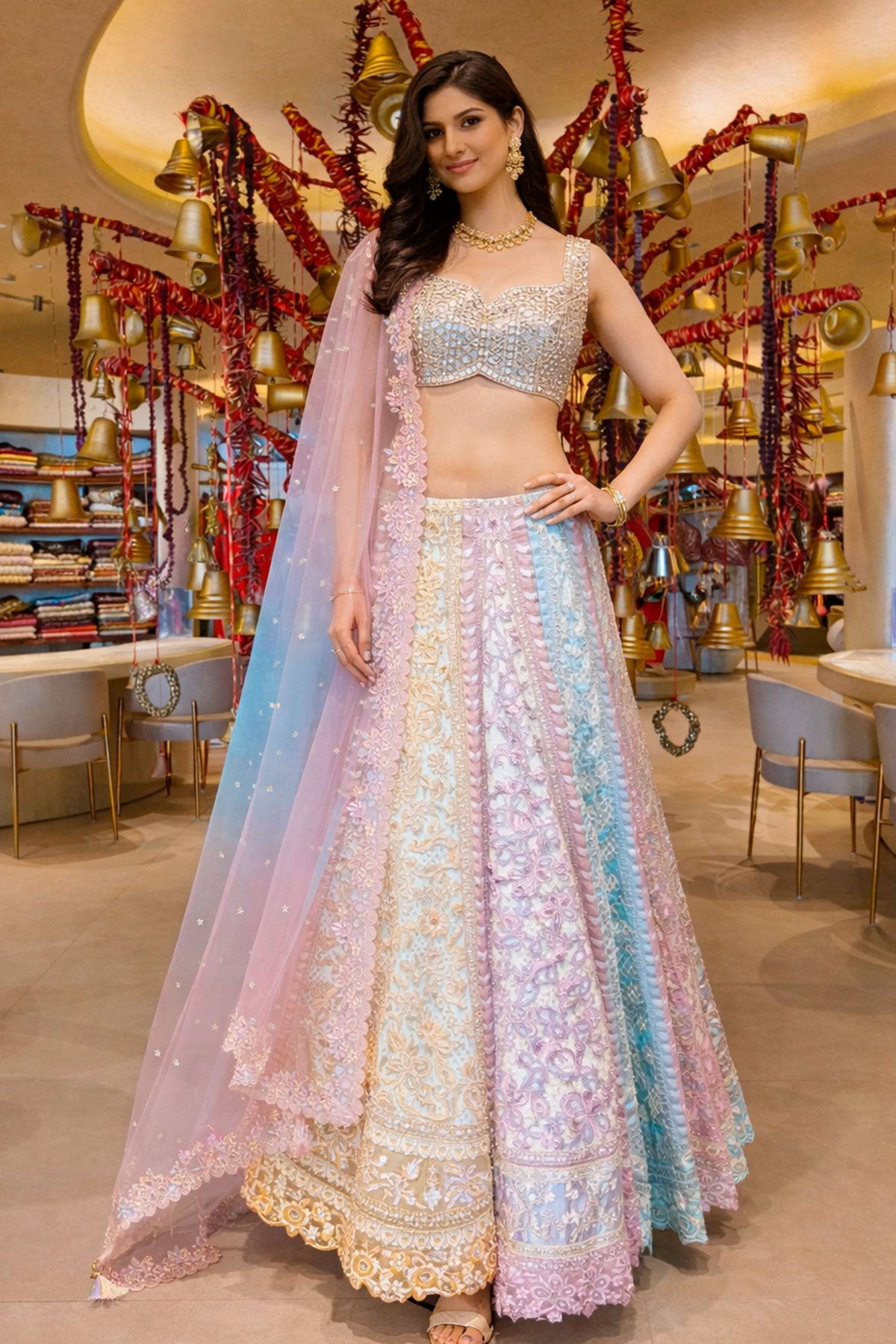 Pastel Pink Embroidered Unstitched Lehenga Set