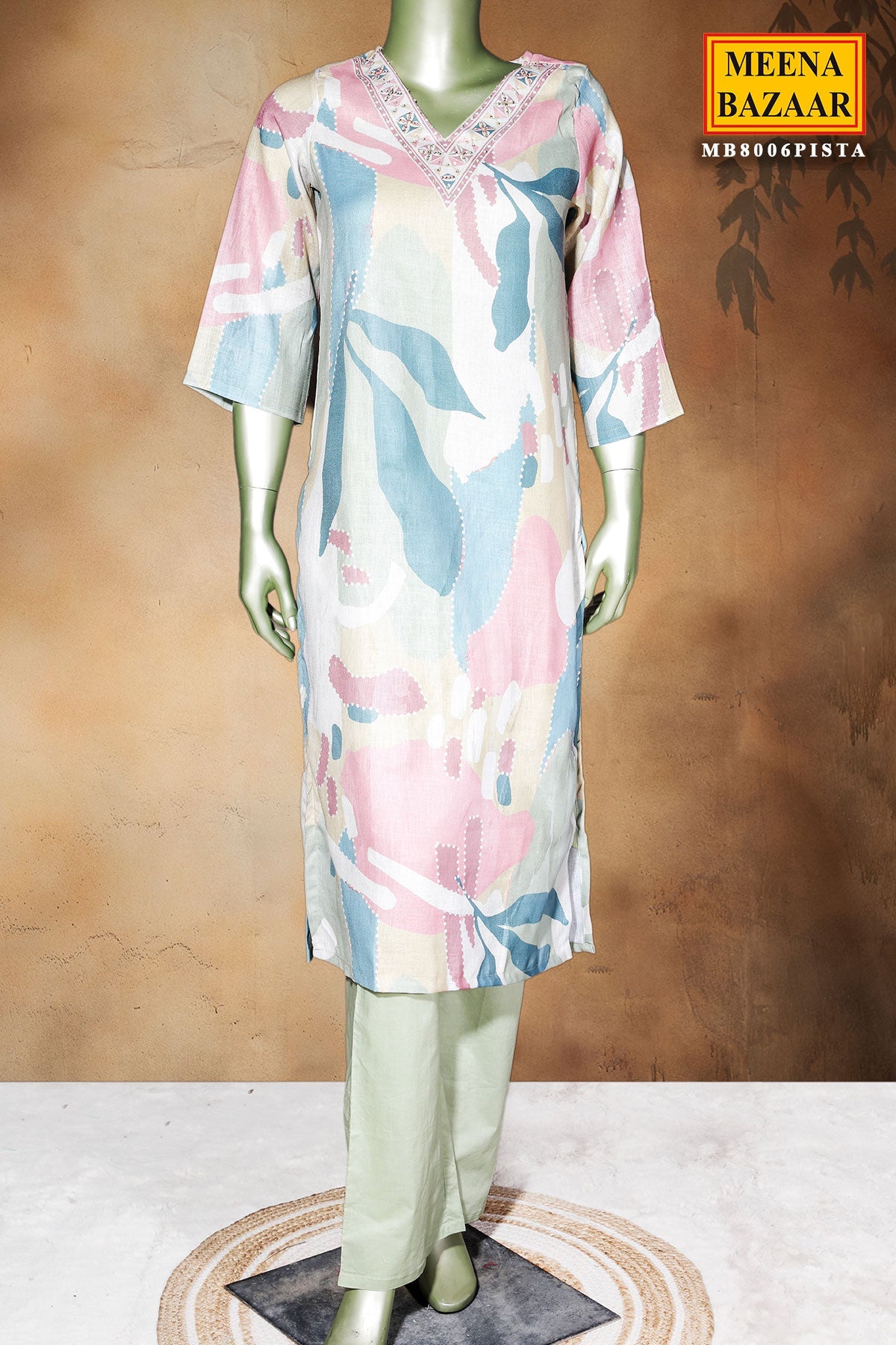 Pista Cotton Ready Made Suit with Elegant Neck Embroidery