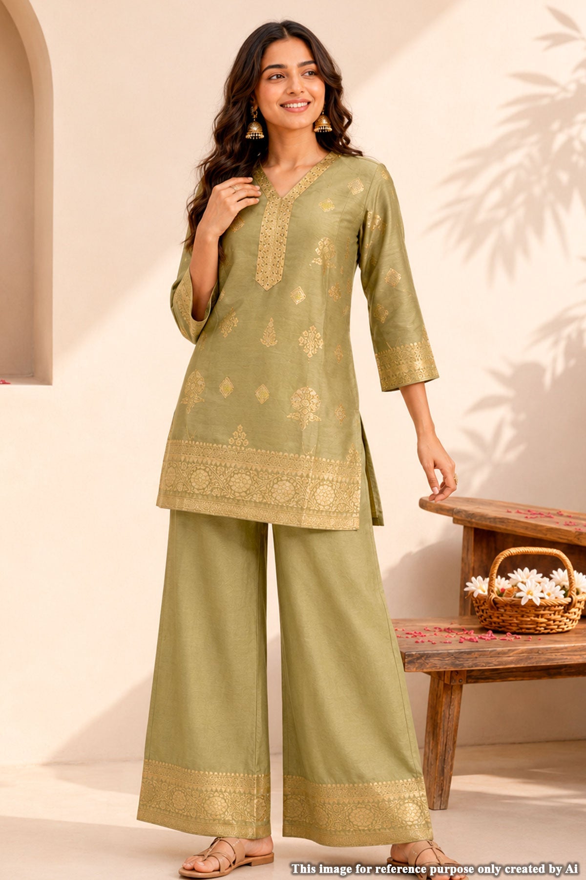 Pista Silk Kurti with Neck Embroidery