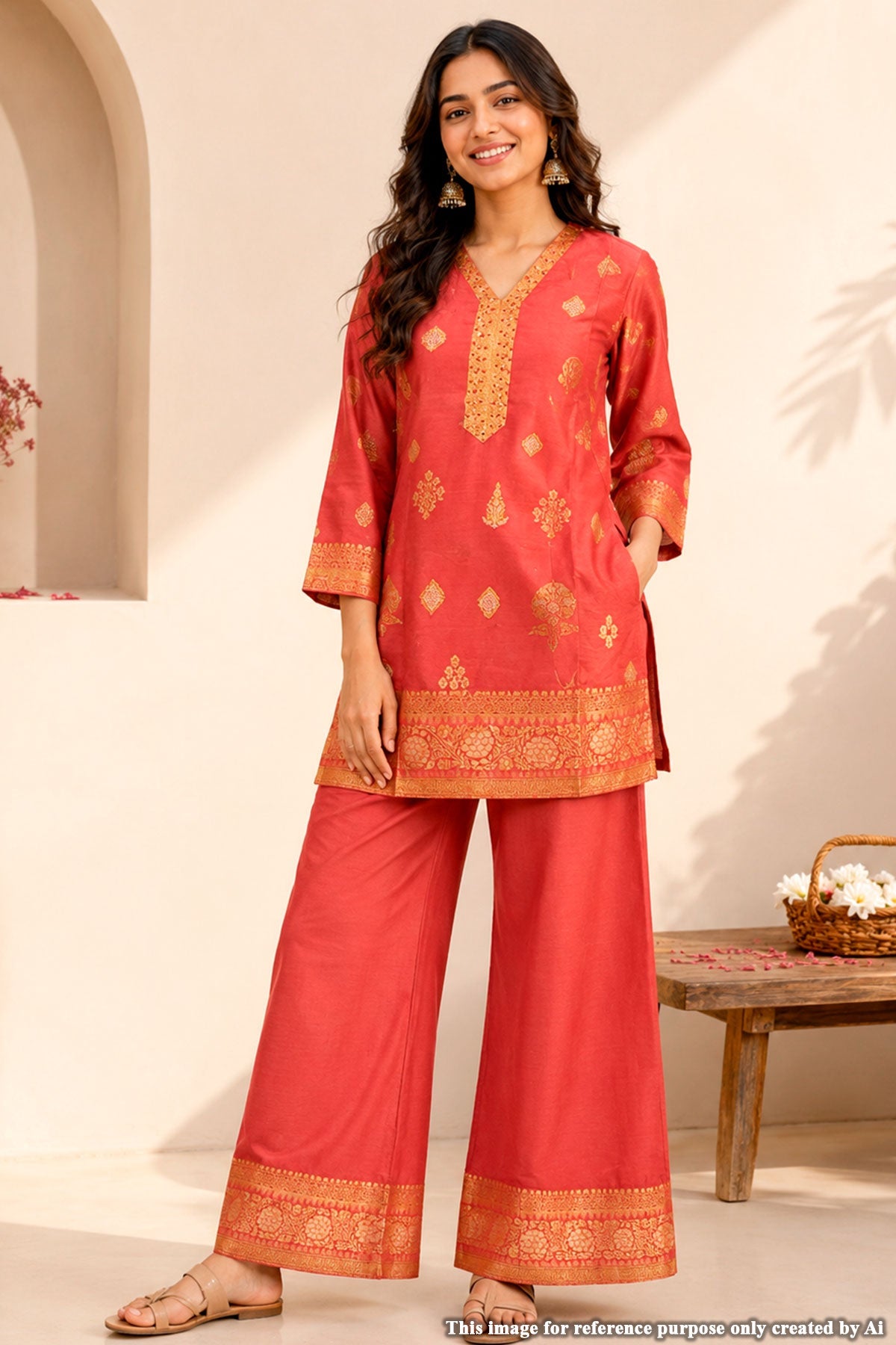 Gajari Silk Kurti with Neck Embroidery