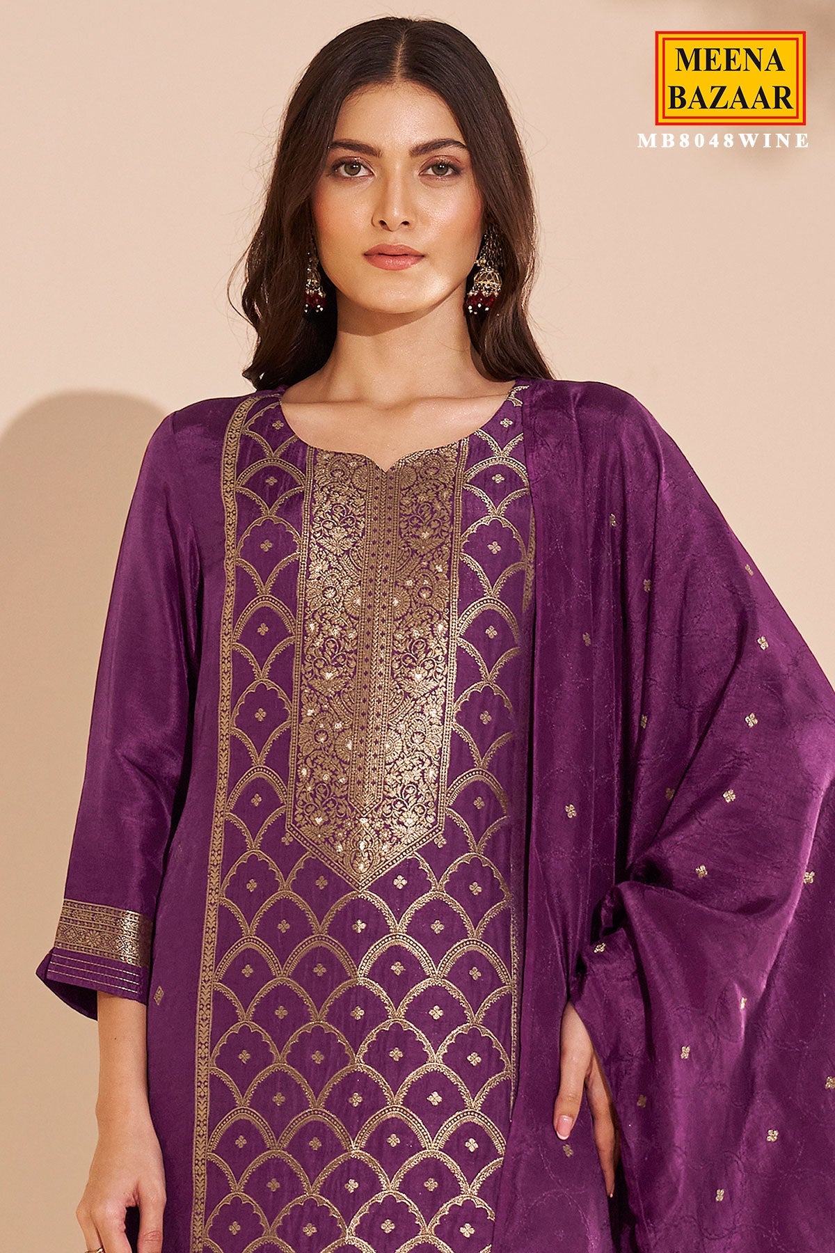 Wine Silk Straight Suit with Weaving Work
