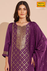 Wine Silk Straight Suit with Weaving Work