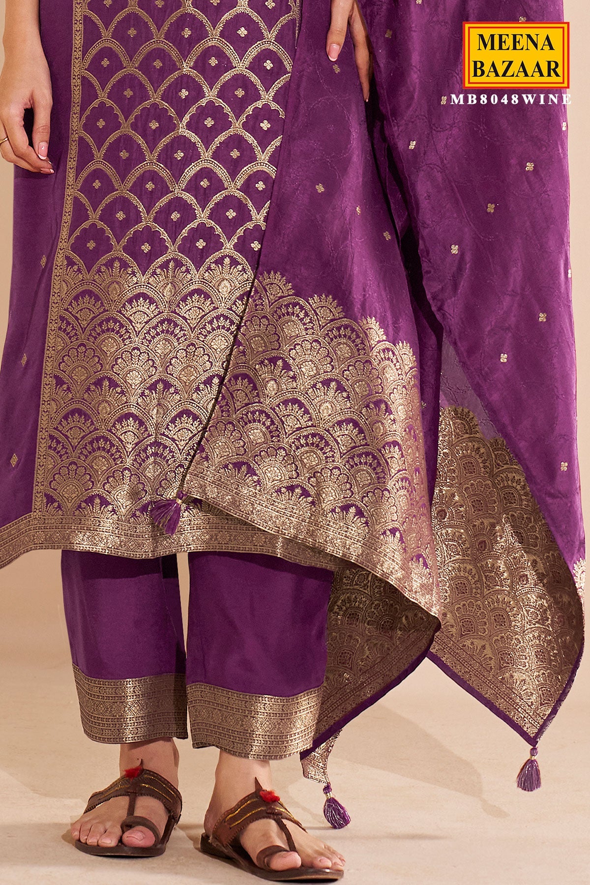 Wine Silk Straight Suit with Weaving Work