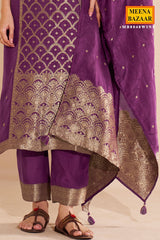 Wine Silk Straight Suit with Weaving Work