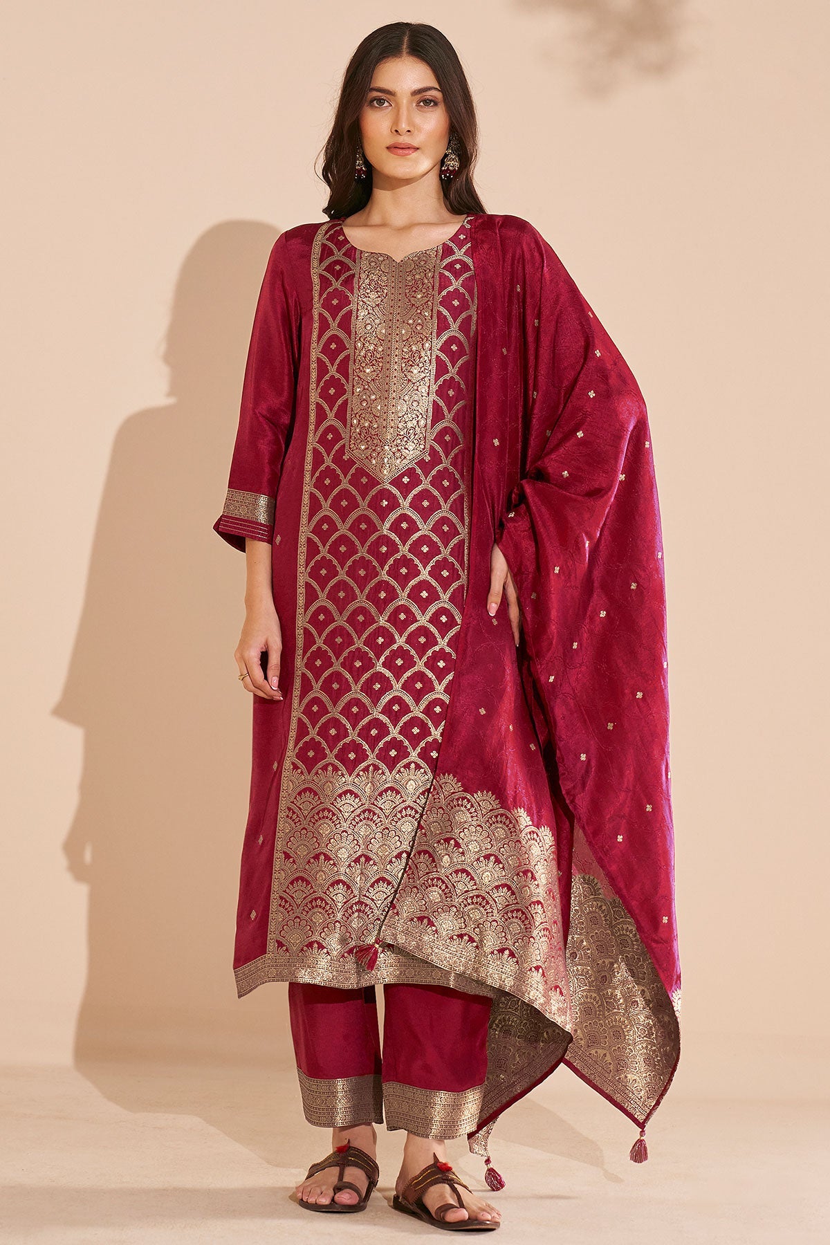 Gajari Silk Straight Suit with Weaving Work