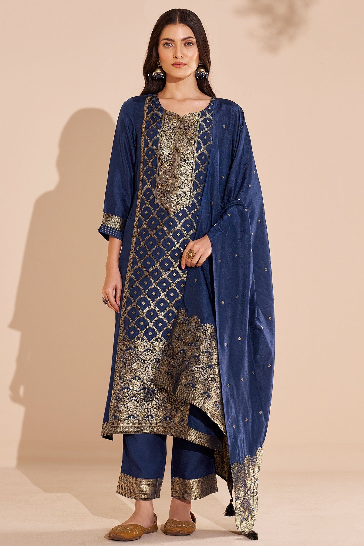 Navy Silk Straight Suit with Weaving Work