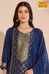 Navy Silk Straight Suit with Weaving Work