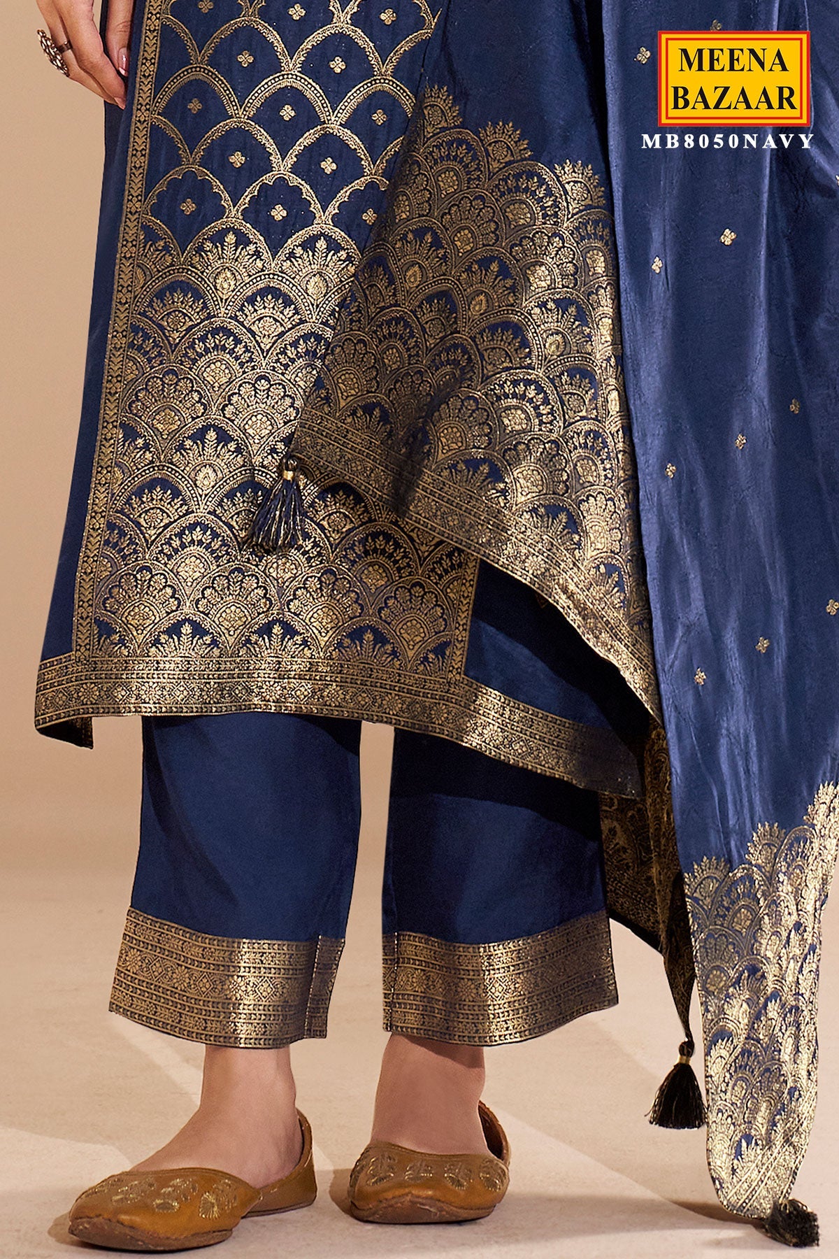 Navy Silk Straight Suit with Weaving Work