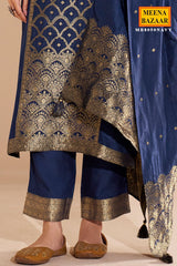 Navy Silk Straight Suit with Weaving Work