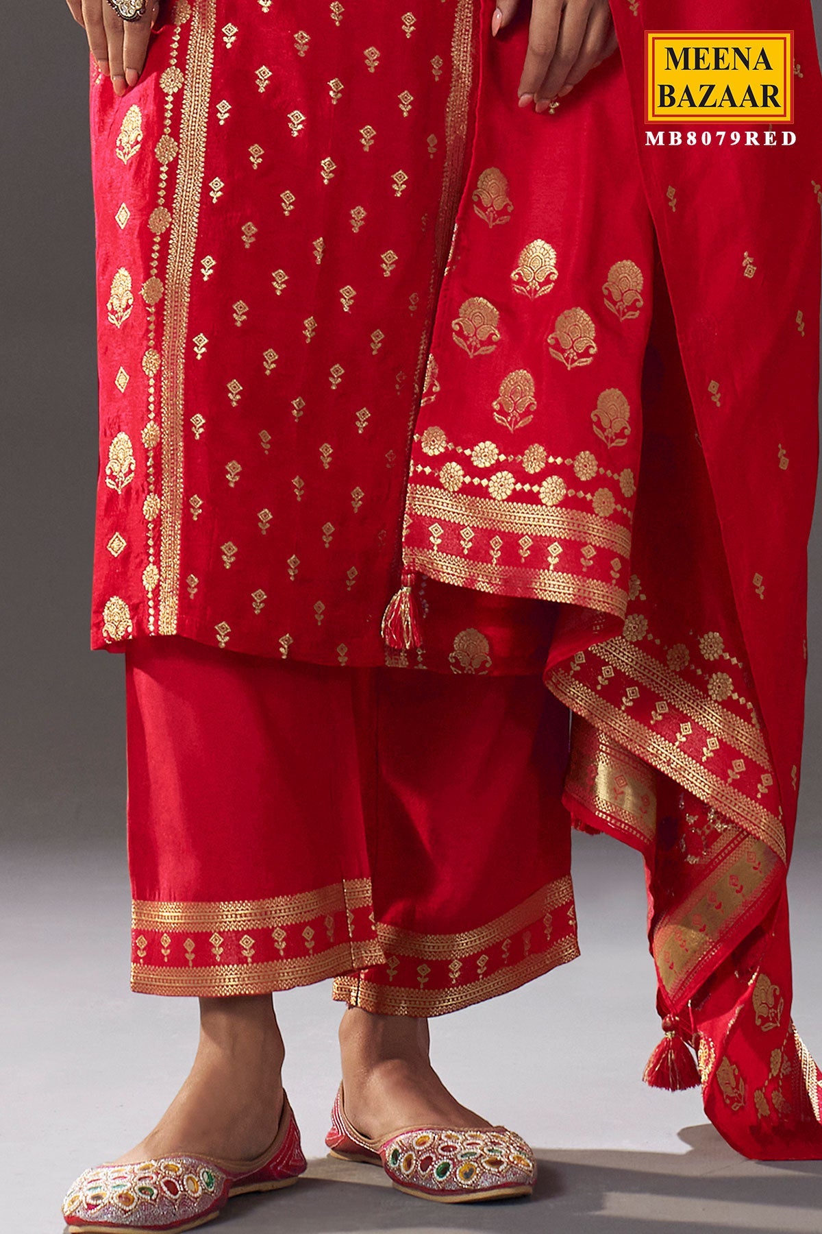 Red Silk Straight Suit with Weaving Work
