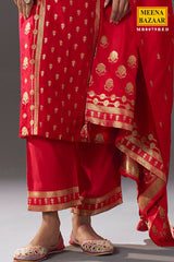 Red Silk Straight Suit with Weaving Work
