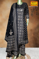 Black Cotton Ready-Made Suit with Elegant Neck Embroidery