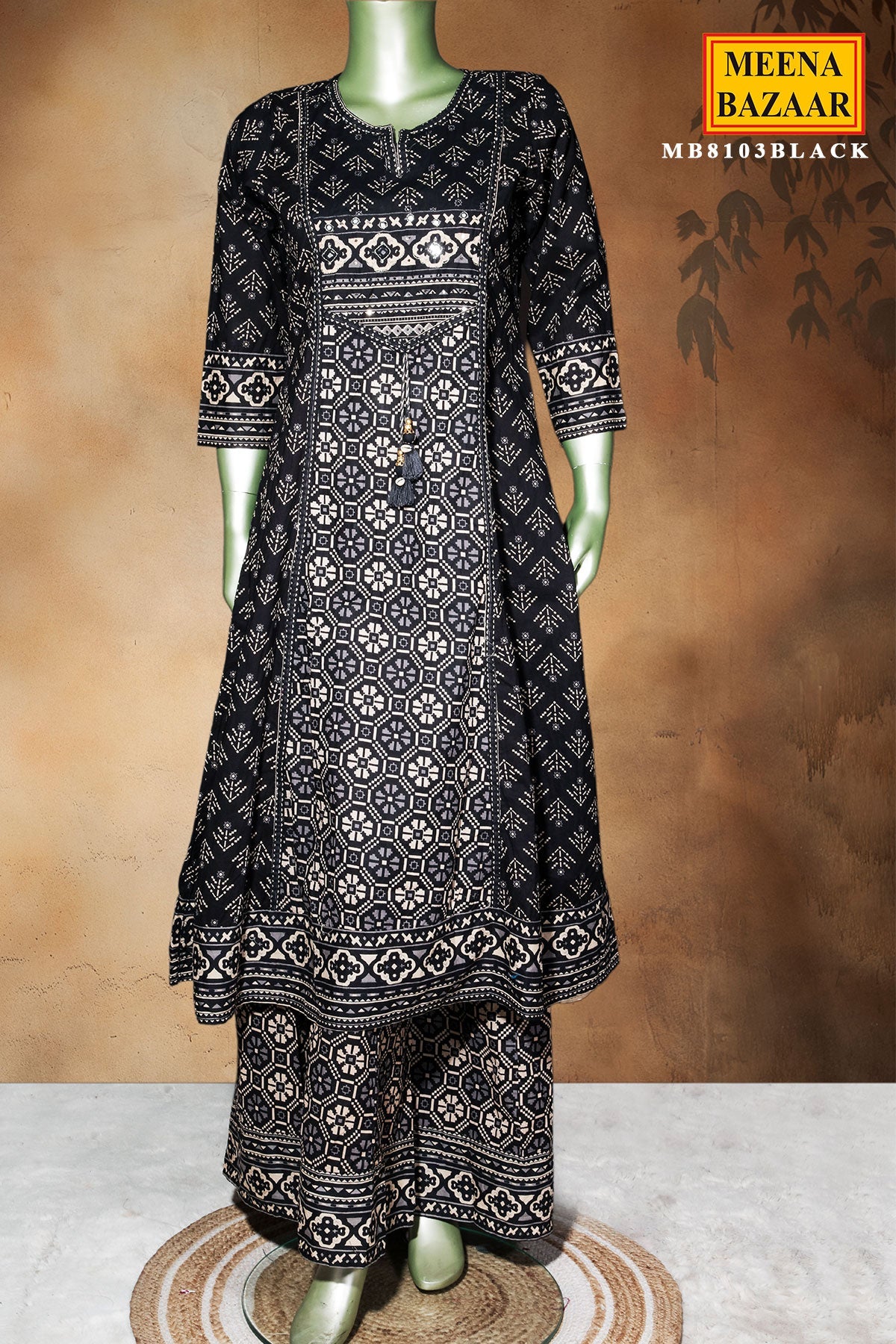 Black Cotton Ready-Made Suit with Elegant Neck Embroidery