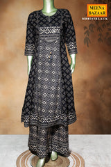 Black Cotton Ready-Made Suit with Elegant Neck Embroidery