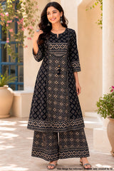 Black Cotton Ready-Made Suit with Elegant Neck Embroidery