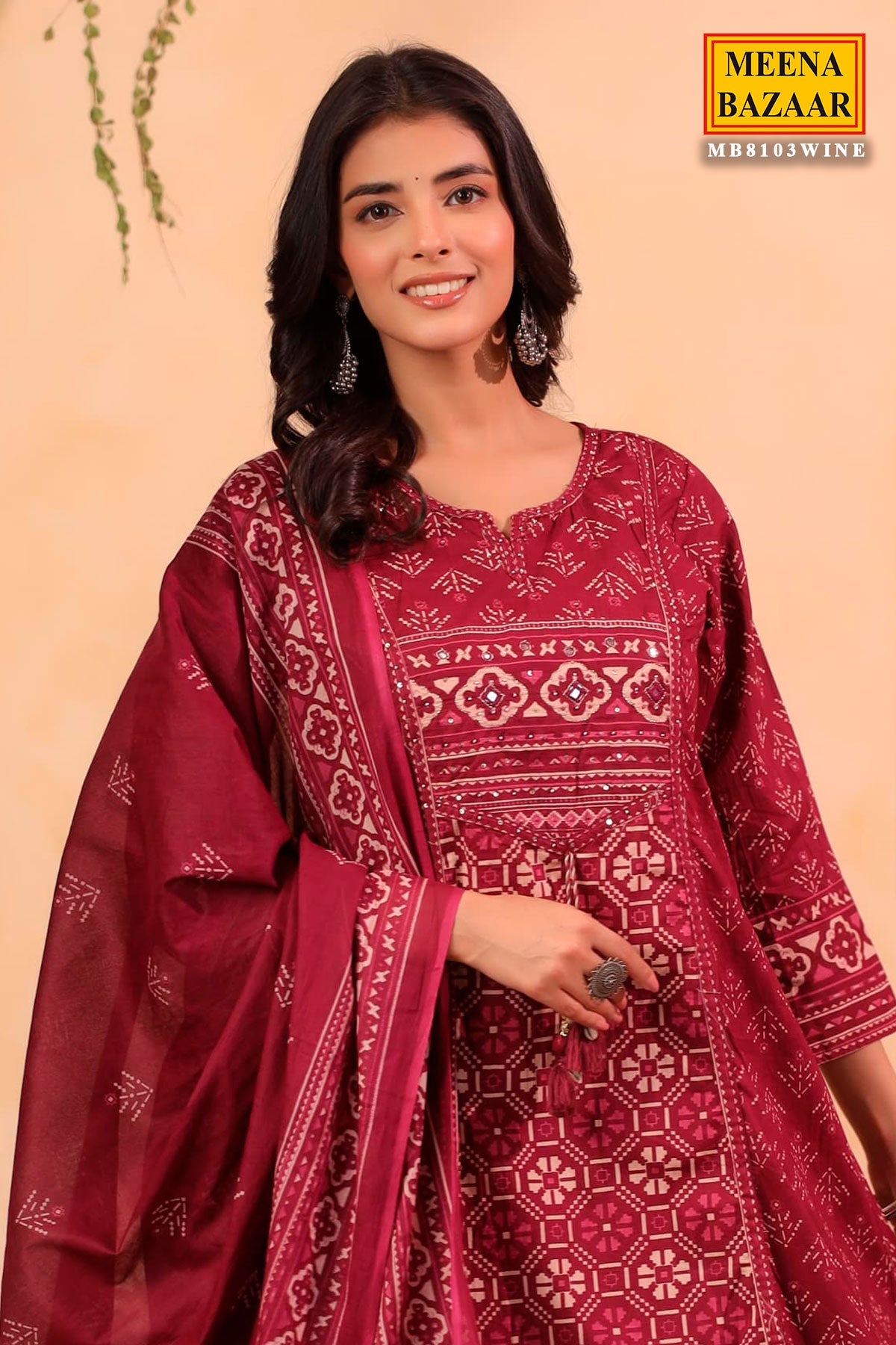 Wine Cotton Ready Made Suit with Embroidered Neck