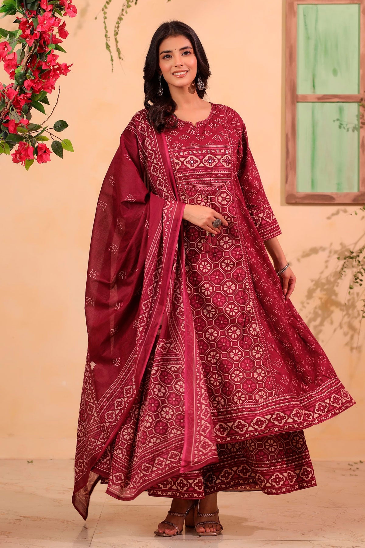 Wine Cotton Ready Made Suit with Embroidered Neck