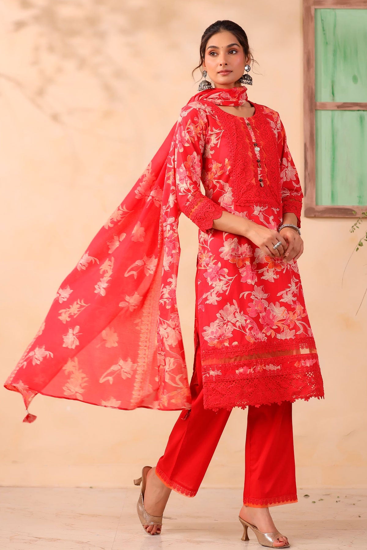 Red Cotton Ready Made Suit with Embroidered Neck