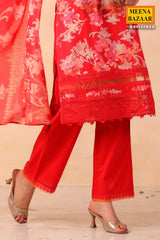 Red Cotton Ready Made Suit with Embroidered Neck