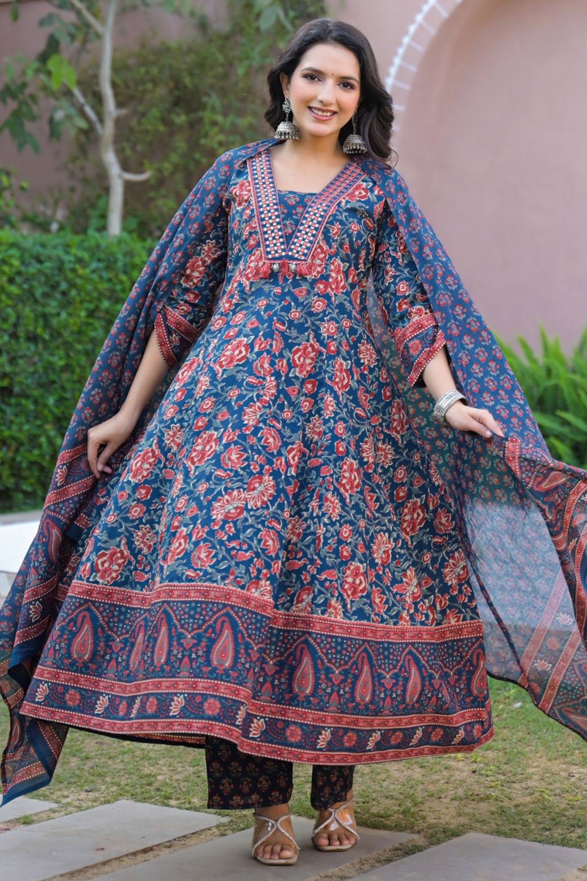 Navy Cotton Ready Made Suit with Embroidered Neck