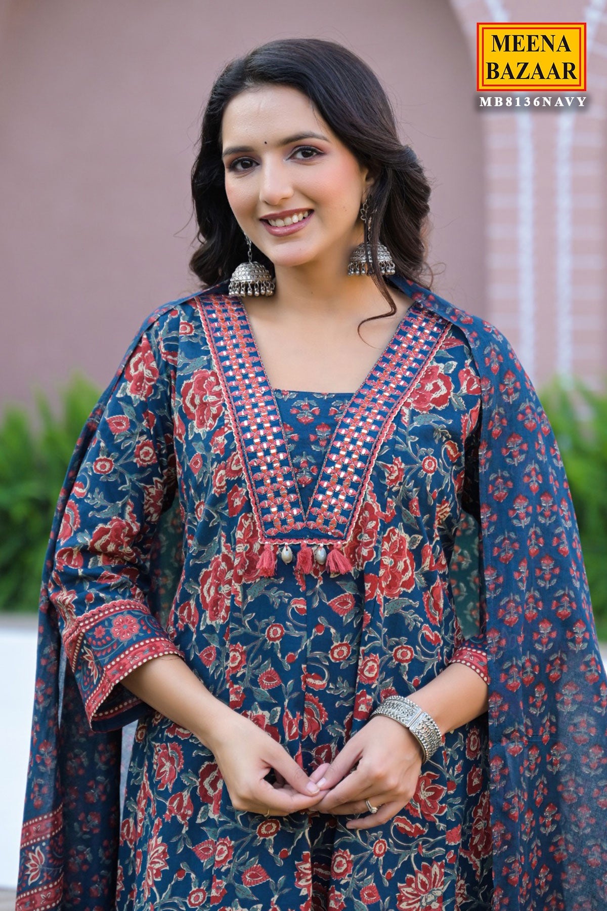 Navy Cotton Ready Made Suit with Embroidered Neck