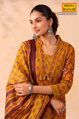 Mustard Cotton Ready Made Suit with Elegant Neck Embroidery