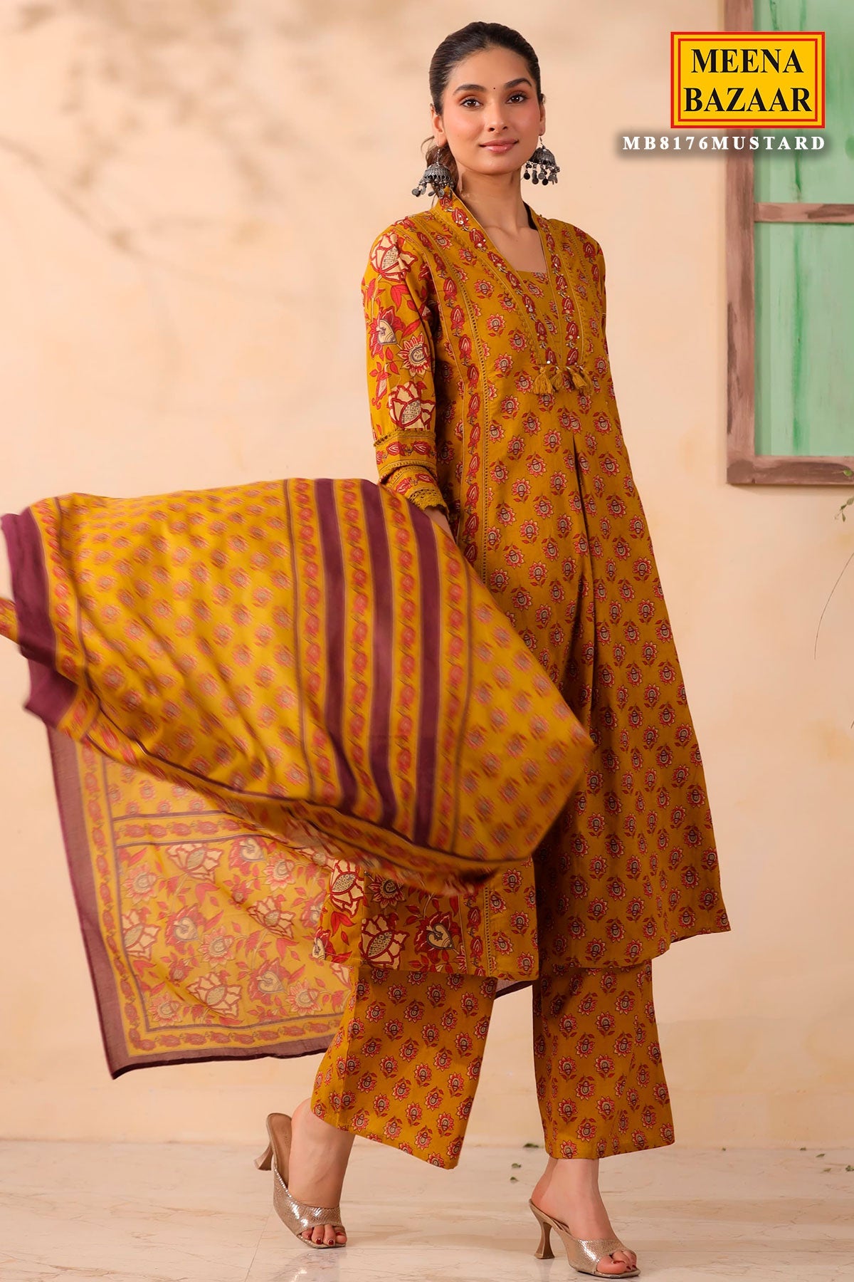 Mustard Cotton Ready Made Suit with Elegant Neck Embroidery