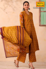 Mustard Cotton Ready Made Suit with Elegant Neck Embroidery