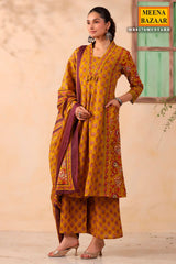 Mustard Cotton Ready Made Suit with Elegant Neck Embroidery