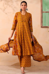 Mustard Cotton Ready Made Suit with Elegant Neck Embroidery