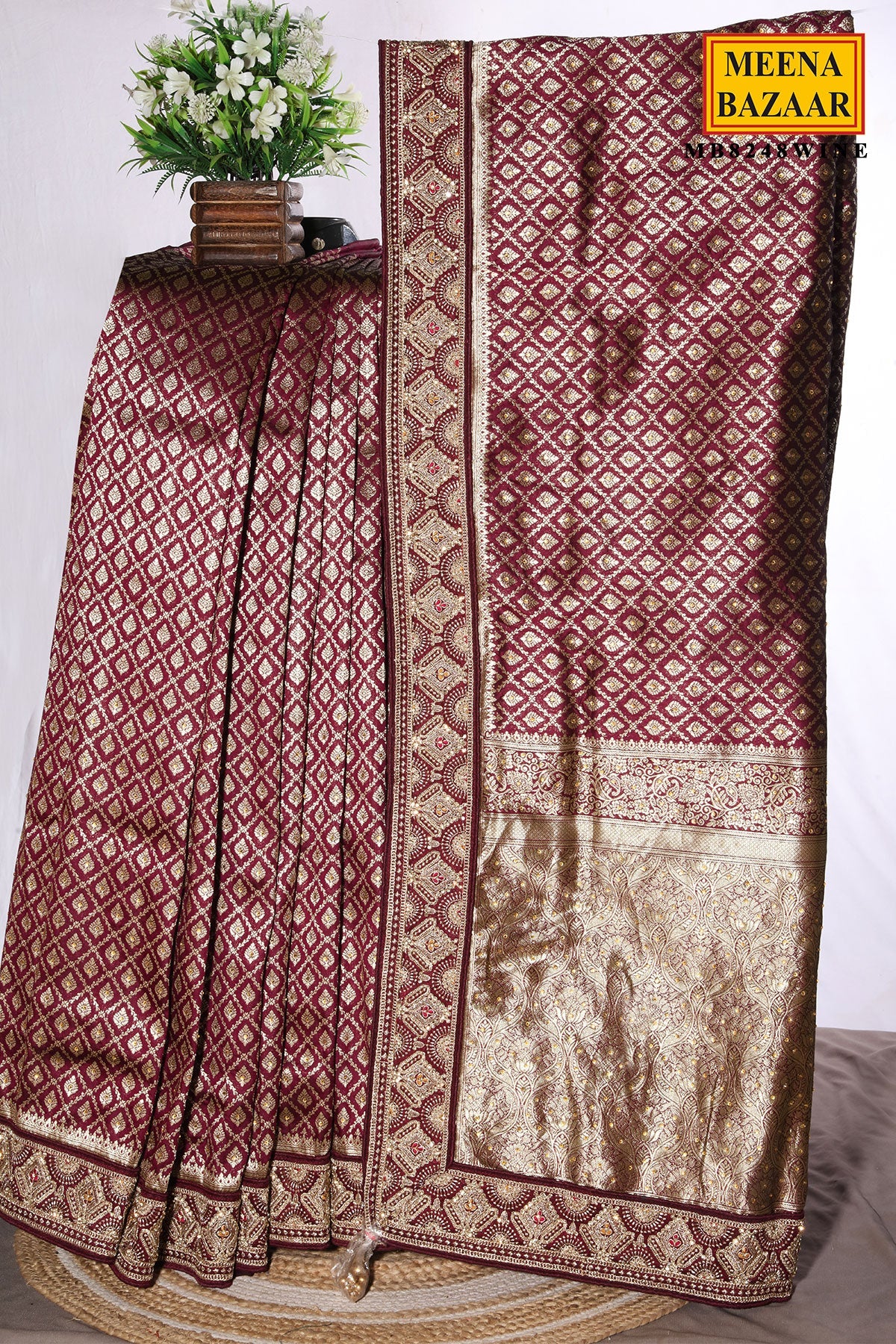 Wine Silk Embroidered Border Saree