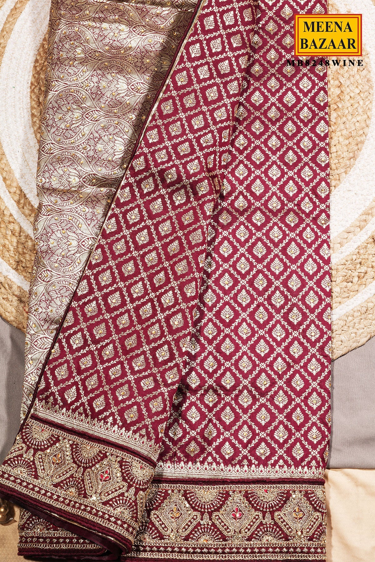 Wine Silk Embroidered Border Saree