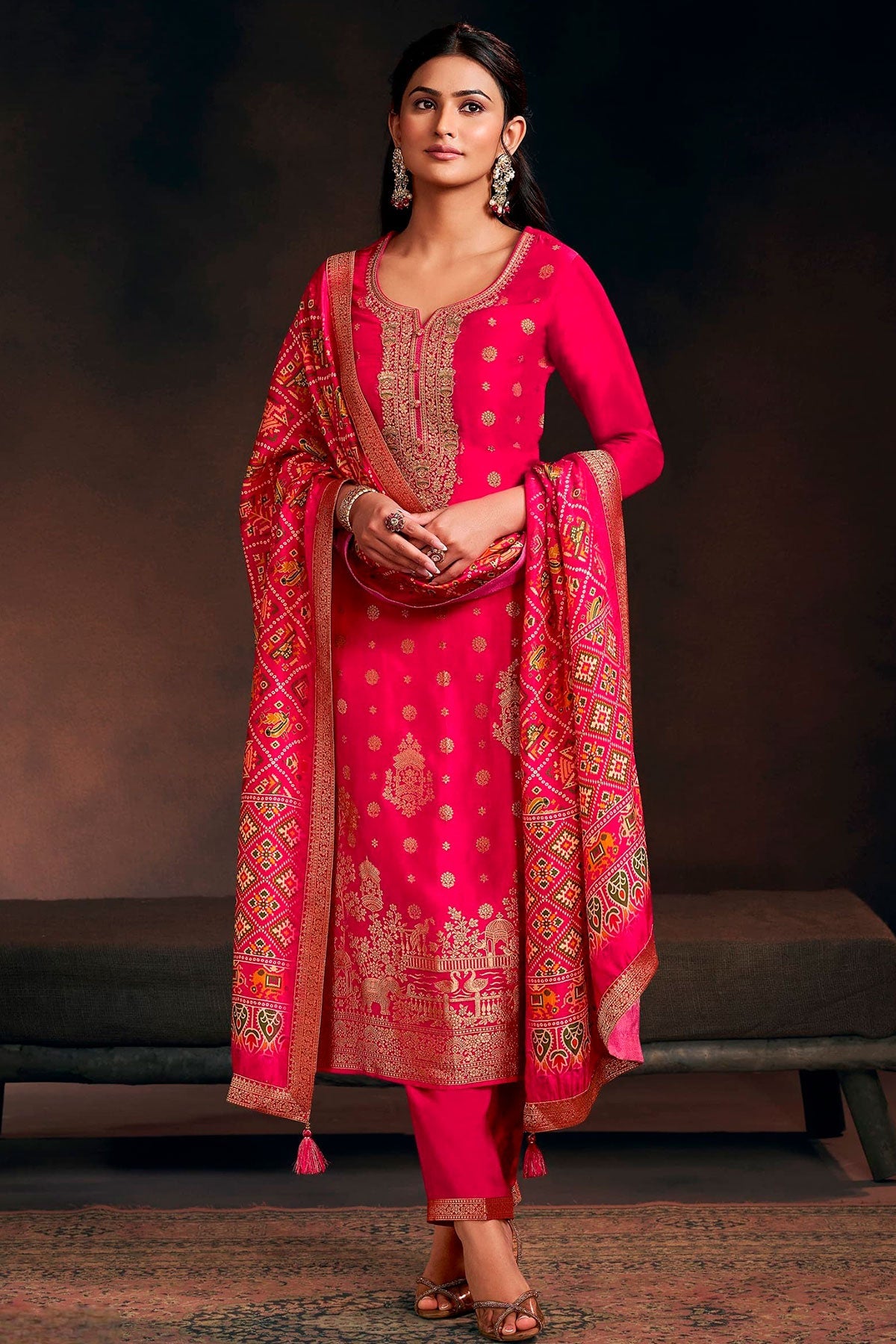 Rani Silk Neck Embroidered Ready Made Suit