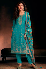 Firozi Silk Neck Embroidered Ready Made Suit