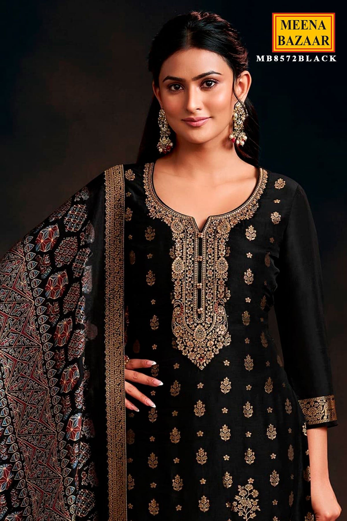 Black Silk Neck Embroidered Ready Made Suit