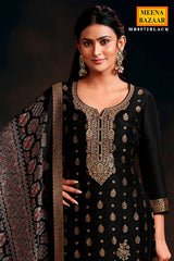 Black Silk Neck Embroidered Ready Made Suit