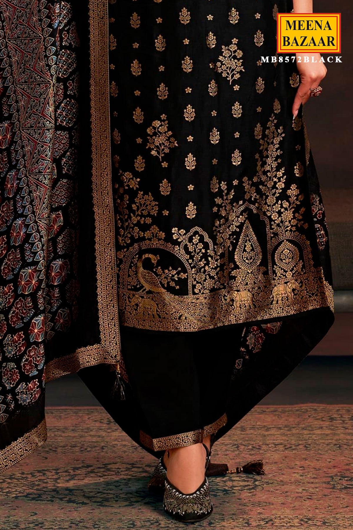 Black Silk Neck Embroidered Ready Made Suit