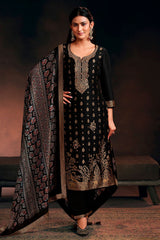 Black Silk Neck Embroidered Ready Made Suit