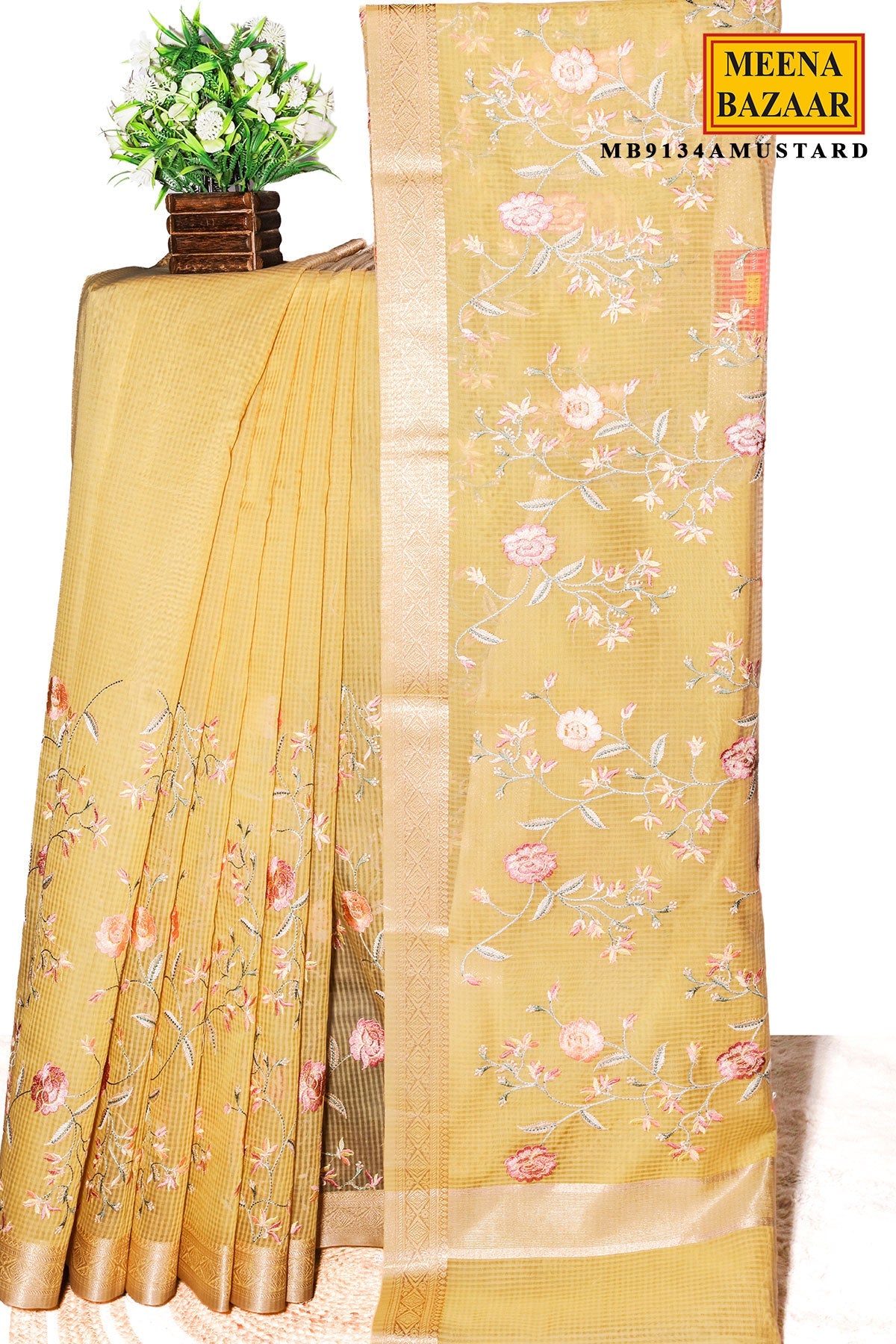 Mustard Organza Resham Jaal Saree