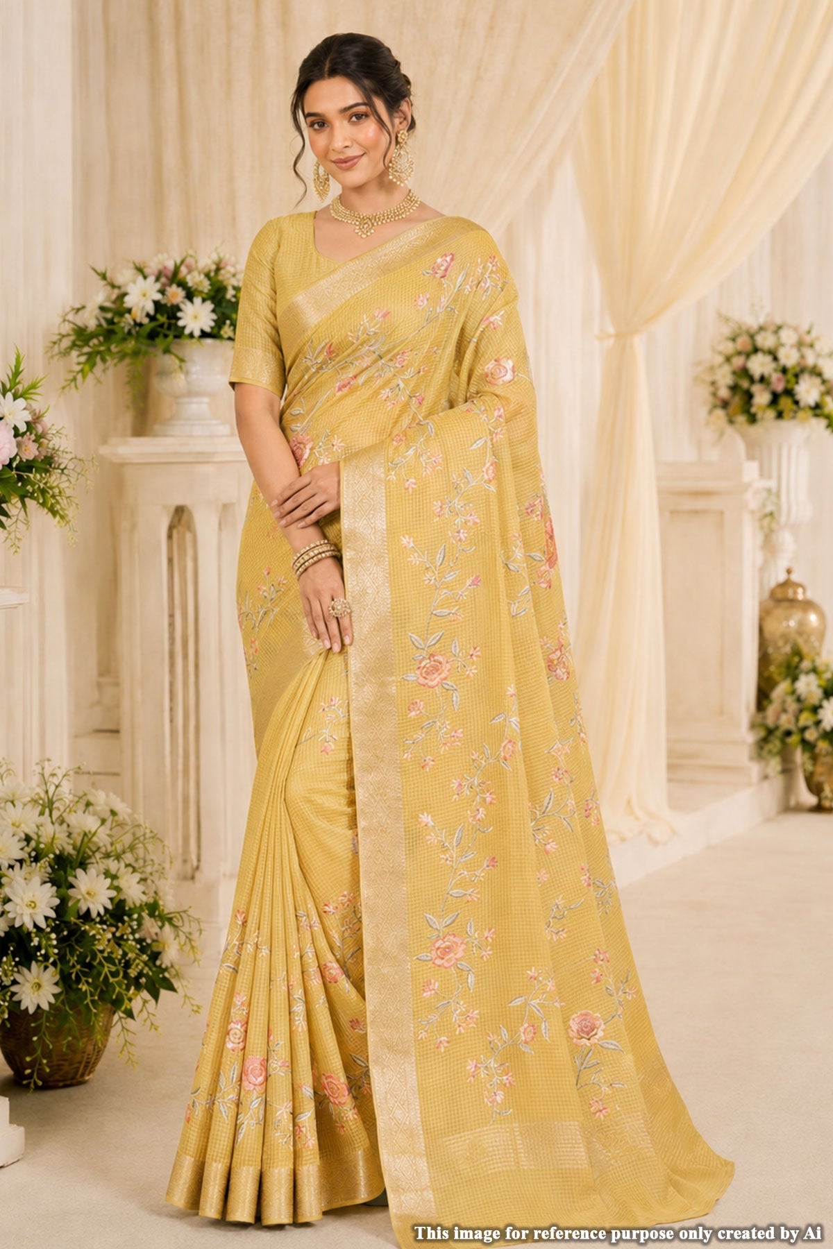 Mustard Organza Resham Jaal Saree
