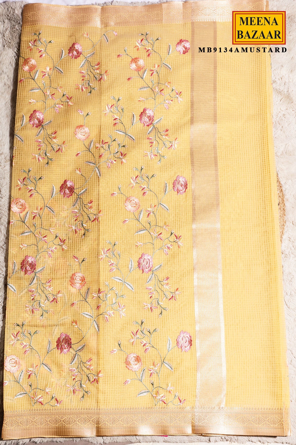 Mustard Organza Resham Jaal Saree